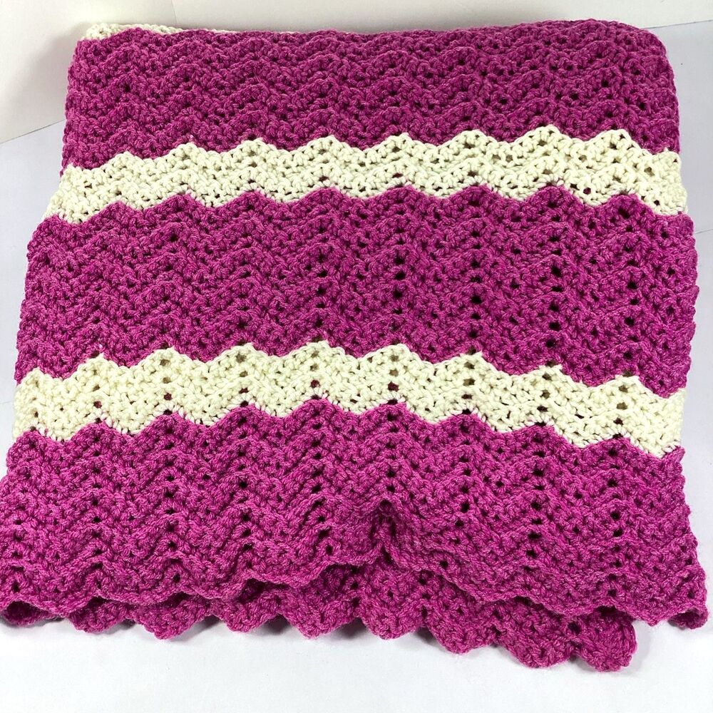 Crochet Handmade Afghan Throw Ripple Chevron Hot Pink Ivory 68" x 52"